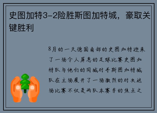 史图加特3-2险胜斯图加特城，豪取关键胜利