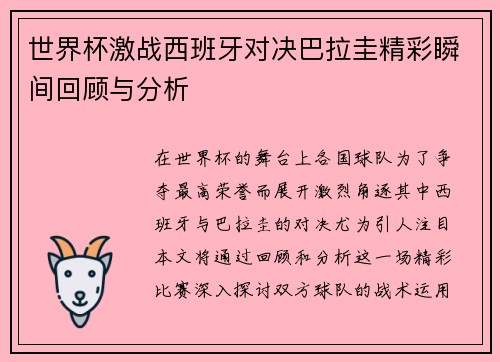 世界杯激战西班牙对决巴拉圭精彩瞬间回顾与分析